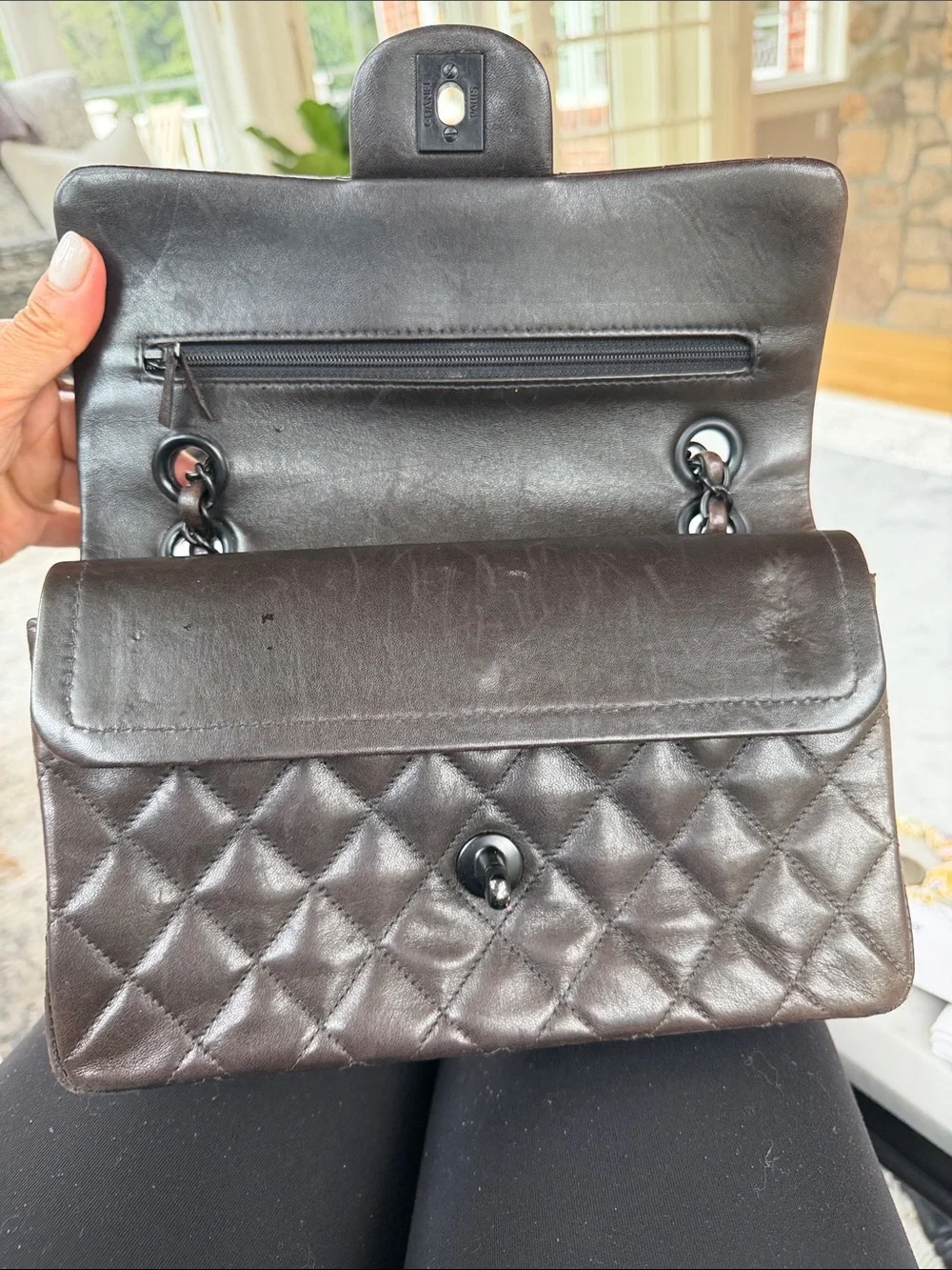 CHANEL Quilted Double Flap Shoulder Bag in Dark Brown